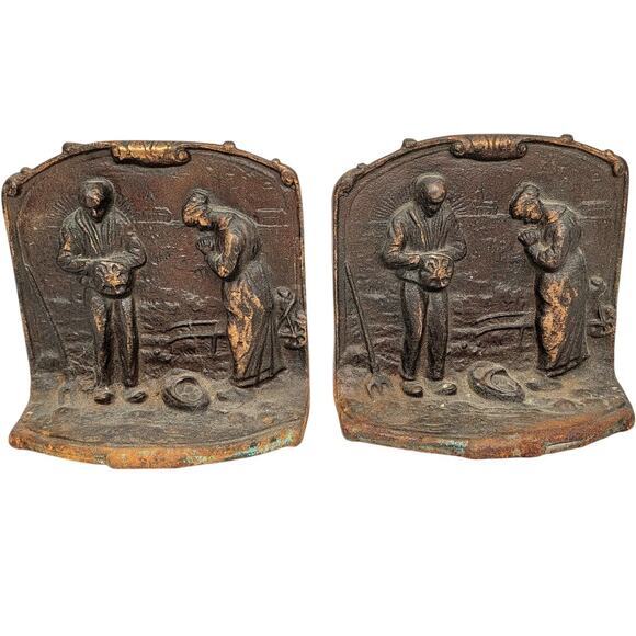 Antique Bronze The Anglus Jean Francois-Millet Relief Mourning Funeral Bookends - Picture 1 of 8